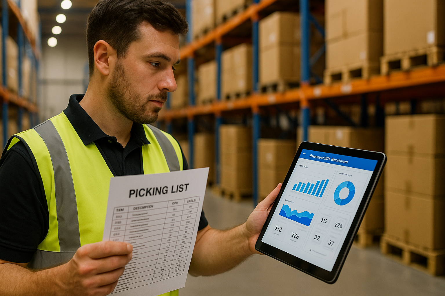 Warehouse worker comparing in-house picking list vs outsourced 3PL dashboard on tablet.