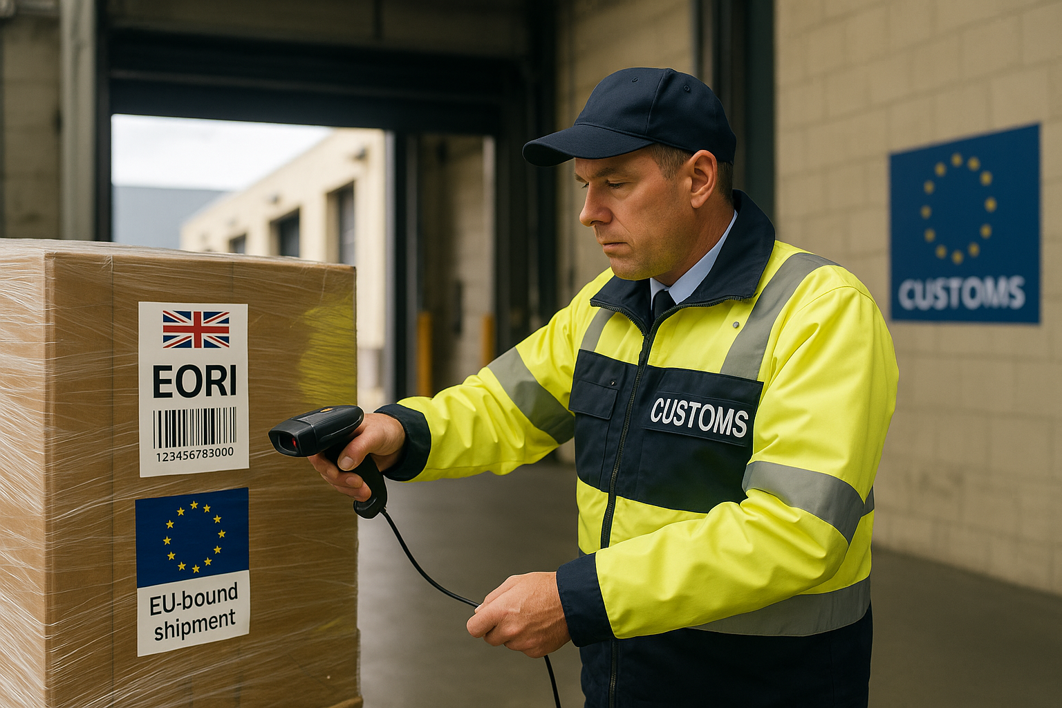Customs officer scanning EORI barcode on UK pallet bound for EU.