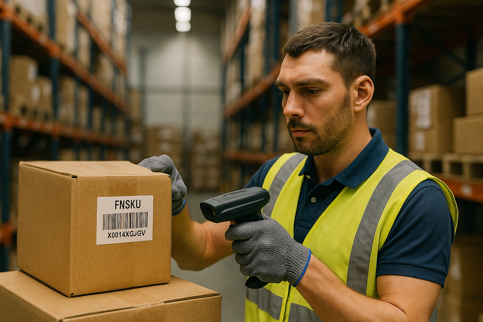 Warehouse associate scanning FNSKU label on newly received carton.